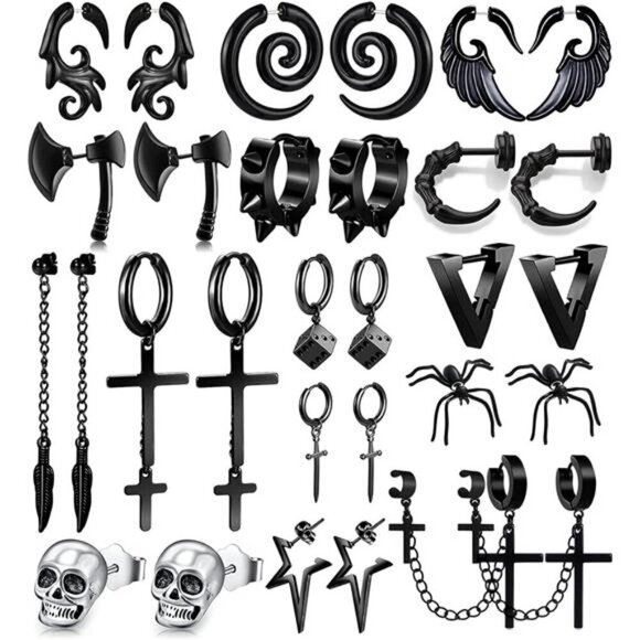 Gothic Punk Earring Set–15 Pairs Black Stainless Steel Studs, Hoops & Drop - Picture 1 of 6